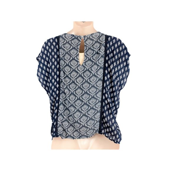 Womens Lucky Brand Sz L Dark Navy Blue & White Sleeveless Multipattern Top - Picture 5 of 7